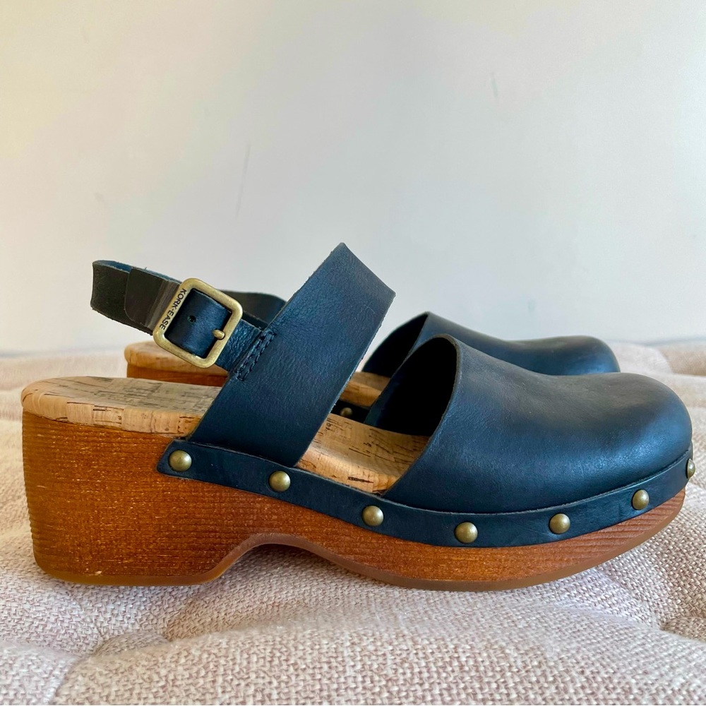 Kork-Ease Black Leather Platform Clogs with Brass Studs - Picture 6 of 13
